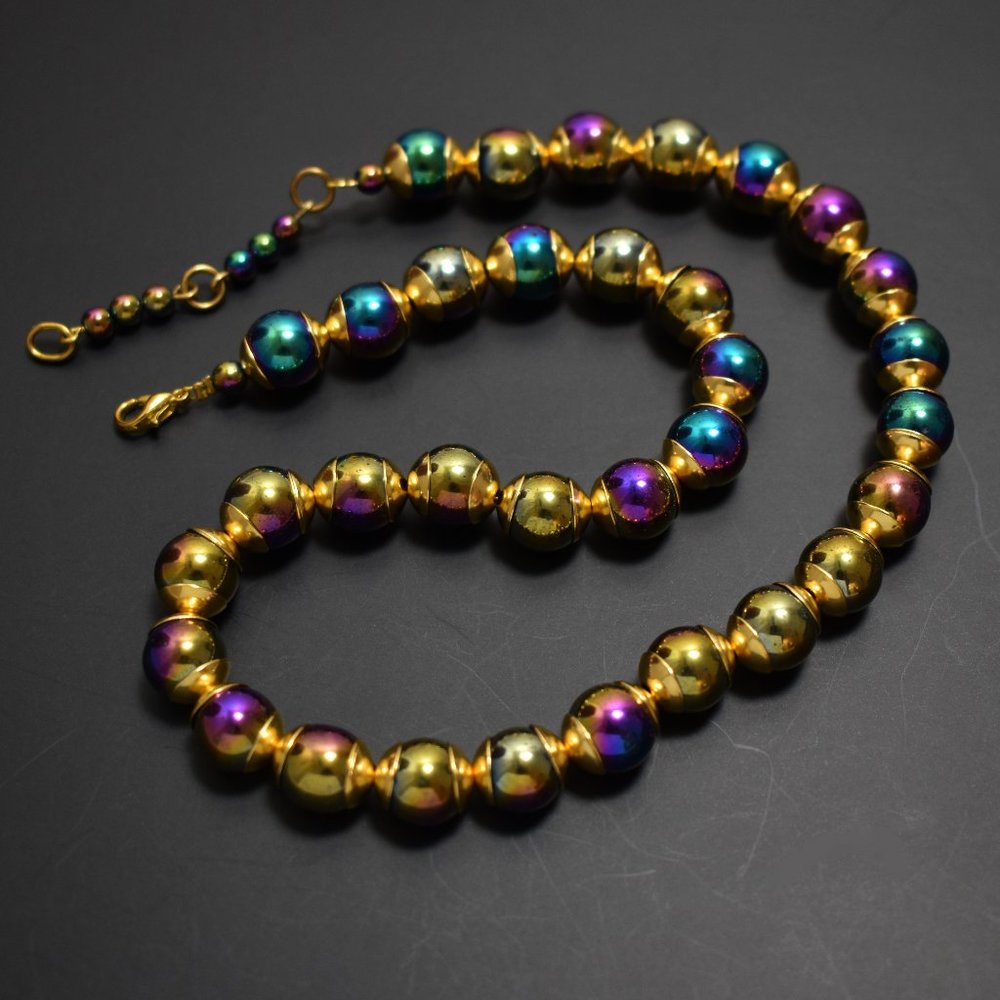 Large beads chunky necklace, bold rainbow hematite choker